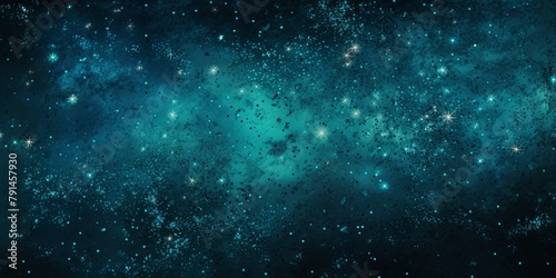 Cyan glitter texture background with dark shadows, glowing stars, and subtle sparkles with copy space for photo text or product, blank empty copyspace © Lenhard