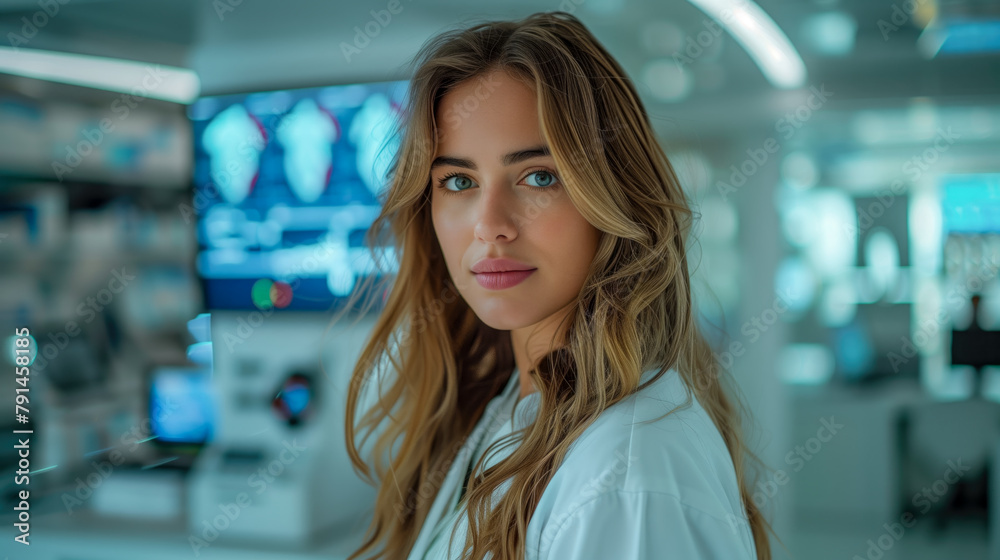 Beautiful young PhD female researcher posing in the lab, out of focus electronic screens, copy space Beautiful young PhD female researcher posing in the lab, out of focus electronic screens, copy space