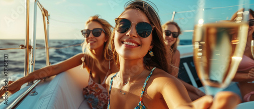 Smiling girls with champagne glasses on boat or yacht. summer holidays, vacation, travel, sea, holidays concept. close up of happy friends clinking glasses of champagne and sailing on yacht
