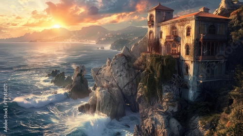 A cliffside villa perched precariously above the crashing waves, its weathered stone walls bearing witness to centuries of maritime tales. As the sun sets on the horizon,  photo