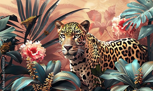 Tropical Trees and safari leopard animal wallpaper design for digital printing - 3D illustration, Generative AI photo