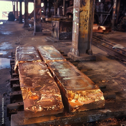 
Copper cathodes after fire refining, electrolytic refining and casting. Copper concentrates produced by mines are sold to smelters and refiners who treat the ore and refine the copper and charge. photo