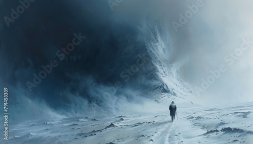 A lone wanderer trudges through a frozen wasteland.