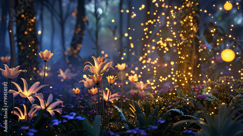 Fairy forest at night fantasy glowing flowers and ligh photo