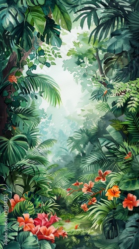 A lush tropical jungle scene with green foliage and red flowers painted in watercolor.