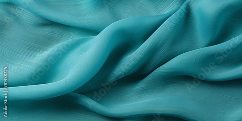 Cyan linen fabric with abstract wavy pattern. Background and texture for design, banner, poster or packaging textile product. Closeup. with copy space for photo text or product, blank empty copyspace