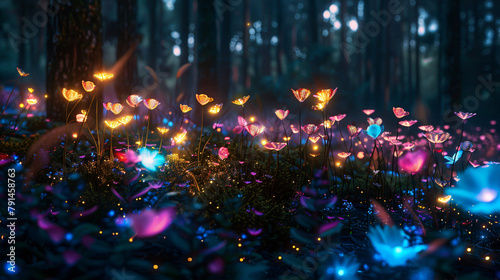 Fairy forest at night fantasy glowing flowers and ligh
