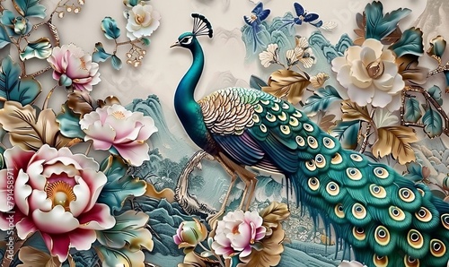 3D flowers and peacocks illustration background, 3d abstraction wallpaper for interior mural wall art decor, Generative AI
