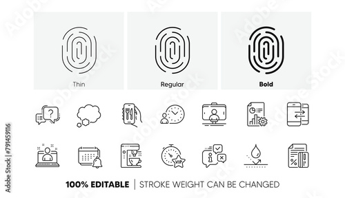 Restaurant app, Info and Notification line icons. Pack of Report, Best manager, Question mark icon. Credit card, Vip timer, Phone communication pictogram. Waterproof, Fingerprint, Coffee maker. Vector