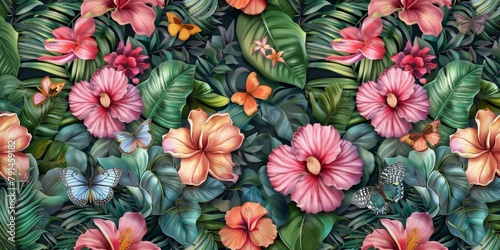 Floral seamless pattern with tropical flowers bouquets, plumeria, protea, hibiscus, glasswinged butterflies, fresh foliage, exotic leaves. Hand-drawn vintage 3D illustration. luxury, Generative AI photo