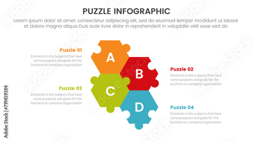puzzle jigsaw infographic 4 point stage template with unbalance puzzle center up and down with description for slide presentation