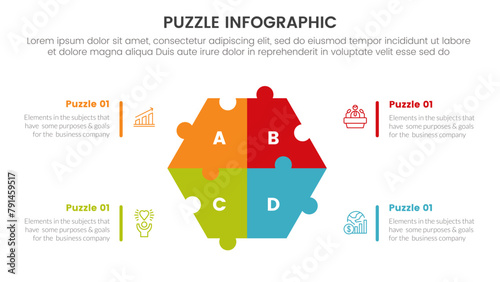 puzzle jigsaw infographic 4 point stage template with hexagonal base on center with description for slide presentation