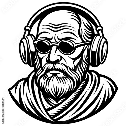 SVG Stoic philosopher with headphones and glasses, Silhouette Stoic philosopher Vector illustration, white background