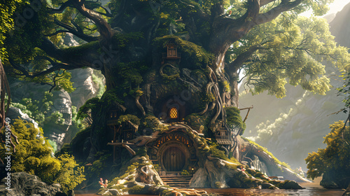 Fairy tree house in fantasy rocks photo