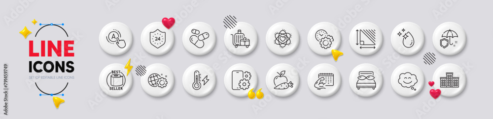 Water drop, Time management and Seo gear line icons. White buttons 3d icons. Pack of Fitness calendar, Triangle area, Capsule pill icon. Smile chat, Toilet paper, Apple carrot pictogram. Vector - obrazy, fototapety, plakaty 