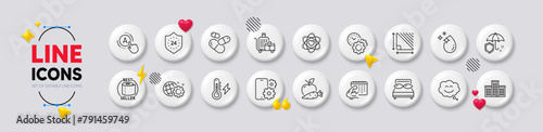 Water drop, Time management and Seo gear line icons. White buttons 3d icons. Pack of Fitness calendar, Triangle area, Capsule pill icon. Smile chat, Toilet paper, Apple carrot pictogram. Vector © blankstock