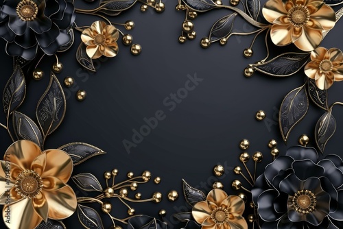 3d mural illustration background with golden jewelry and flowers in black decorative wallpaper, Generative AI