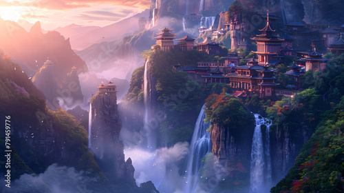 Fairytale fantasy city with waterfalls in the mountain