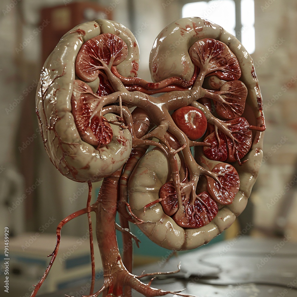 Highly detailed image of human kidneys, showcasing renal cortex ...