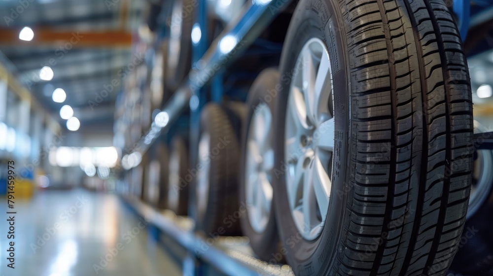 Car tires in warehouse. Automotive industry and transportation concept. Blurred background Car tires in warehouse. Automotive industry and transportation concept. Blurred background