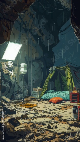 A pixelated image of a tent in a cave. The tent is lit by a single light bulb. It is raining outside the cave.