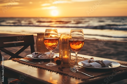 Romantic dinner setting on the beach at sunset. Romantic dinner on the beach.