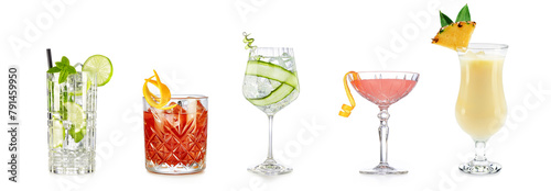 Set of classic cocktails isolated on white background. Beverages menu banner.