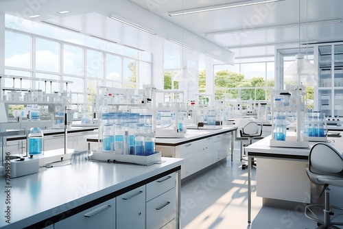 3d rendering laboratory glassware and test tubes in modern white lab