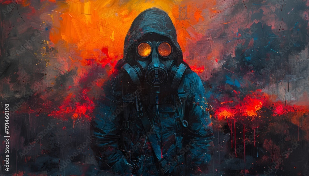A post-apocalyptic painting of a man wearing a gas mask standing in front of an orange and red background. - obrazy, fototapety, plakaty 