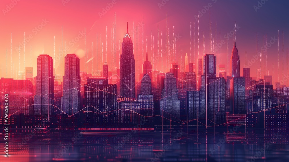 Futuristic cityscape with digital network overlay. A stunning visual representation of a smart city, with digital connections and a network overlay implying a connected, data-driven metropolis