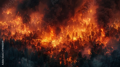 A raging forest fire at night. photo