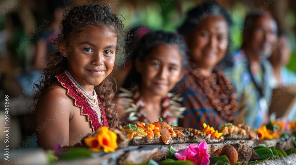 Family learning about the etiquette of a traditional Samoan meal.