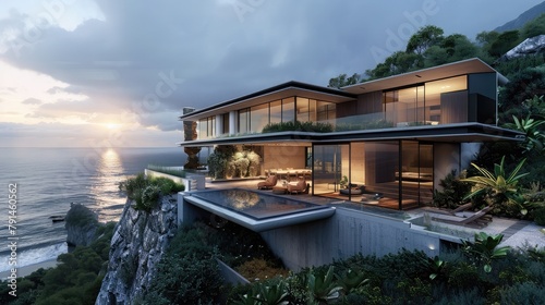 A contemporary architectural masterpiece perched on a cliffside overlooking the ocean, with sleek lines and floor-to-ceiling glass walls that blur the boundaries between indoor and outdoor spaces,  © Manzoor