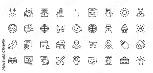 Sausage, Winner cup and World insurance line icons pack. AI, Question and Answer, Map pin icons. Recovery gear, Music phone, Cake web icon. Yummy smile, Calendar, Like photo pictogram. Vector