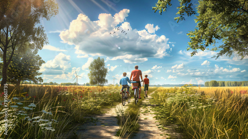 Family on a bicycle tour in the countryside 