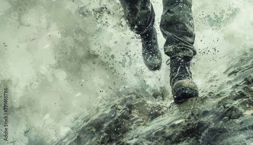 A soldier runs through a muddy, war-torn battlefield.