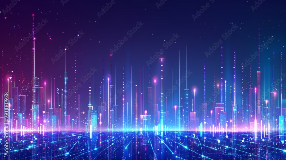 Futuristic cityscape with digital network overlay. A stunning visual representation of a smart city, with digital connections and a network overlay implying a connected, data-driven metropolis Futuristic cityscape with digital network overlay. A stunning visual representation of a smart city, with digital connections and a network overlay implying a connected, data-driven metropolis