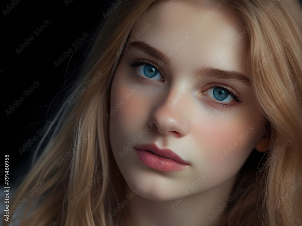 Portrait of a teenage girl or young woman with blue eyes and blonde hair. Portrait of a teenage girl or young woman with blue eyes and blonde hair.