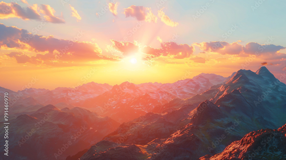 Fantastic sunrise over the mountain range. 3d render