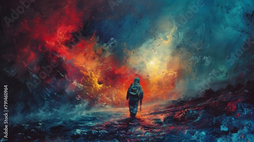 A soldier walks through a colorful post-apocalyptic landscape.