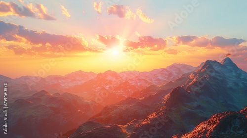 Fantastic sunrise over the mountain range. 3d render