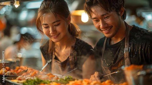 Couple at a Singaporean hawker center being taught about the fusion of Chinese and Malay culinary traditions.