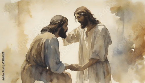 Watercolor painting of Jesus Christ healing a Man Born Blind.