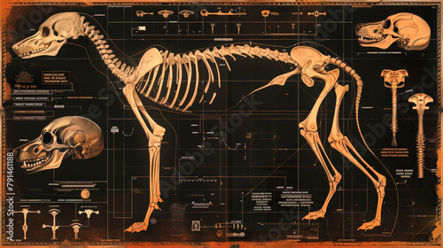 Antique Veterinary Illustration of a Dog's Skeleton in Detail