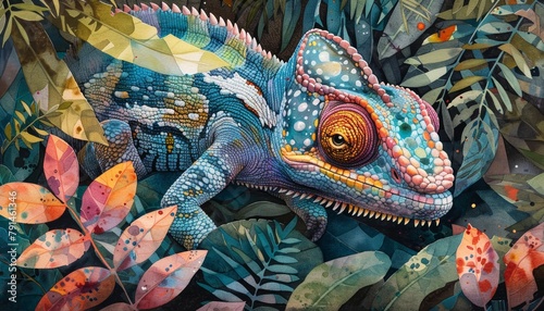 A watercolor painting of a bright chameleon in the jungle.