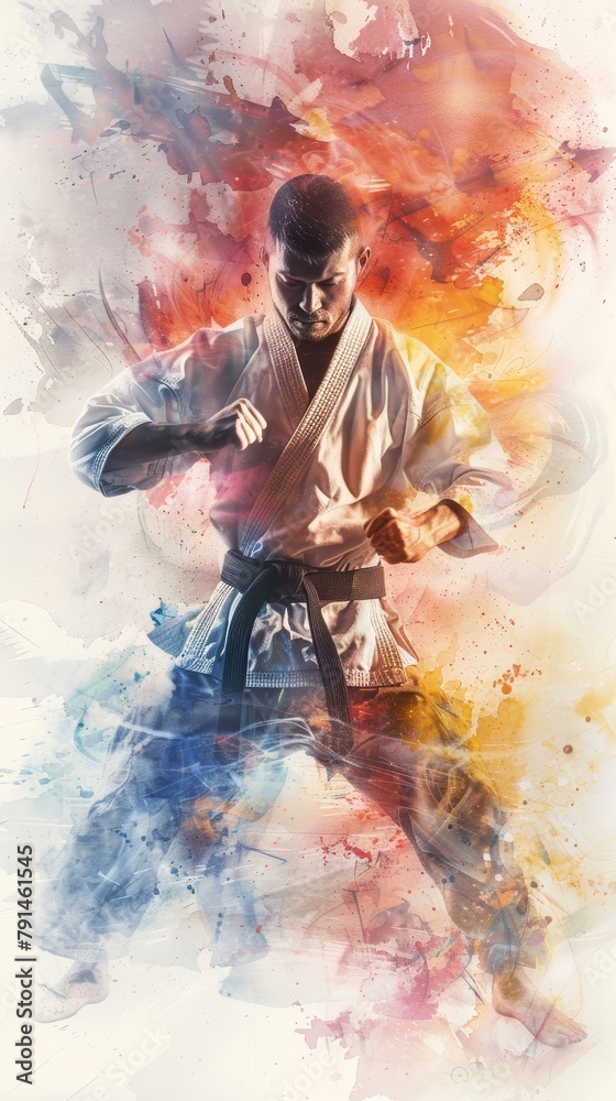 Fototapeta premium A watercolor painting of a man in a karate stance.