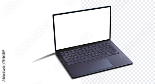 Modern Laptop with Transparent Background, Side Perspective View. Sleek, modern laptop with a blank screen, presented in a dynamic side view, isolated on a transparent background. Vector illustration