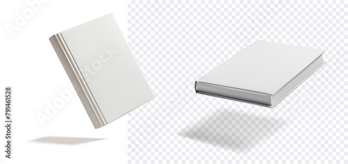Blank White Book and Magazine Mockup Isolated on Transparent Background. Realistic mockup of a closed white book and magazine with soft shadows, perfect for design presentations and branding. Vector