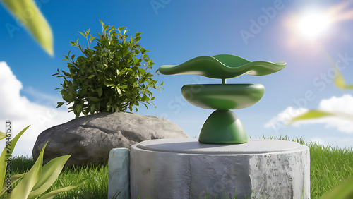 A stunning 3D render of an abstract sculpture on a green pedestal, situated on a stone podium. Generative AI