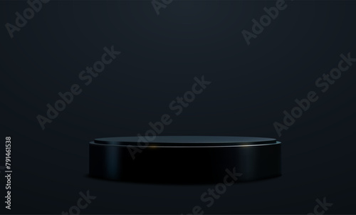 Sleek Black Product Stand with Glossy Finish on Dark Background. Elegant black pedestal for product display, spotlighted with a soft glow on a gradient dark backdrop. Vector illustration